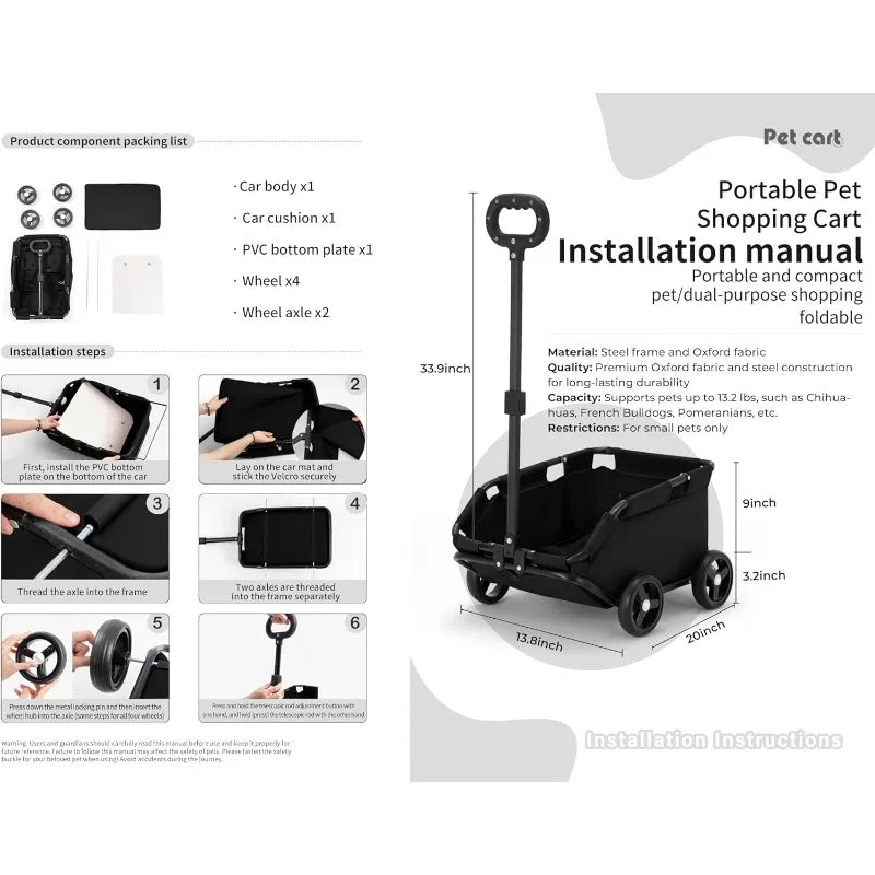 Folding Travel Pet Cart 4 Wheels Rolling Cat Carrier Lightweight Trolley For Travel Shopping Walking Anti Slip Durable Wheels