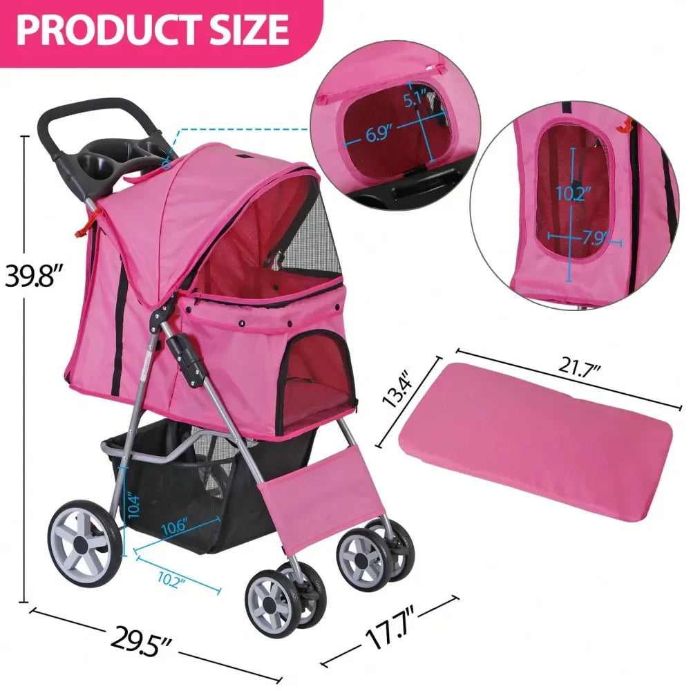 Pet Stroller For Dogs And Cats, 3 4 WheelDesign With Storage Basket Cup Holder, Lightweight Travel Carrier For Small Medium Pet