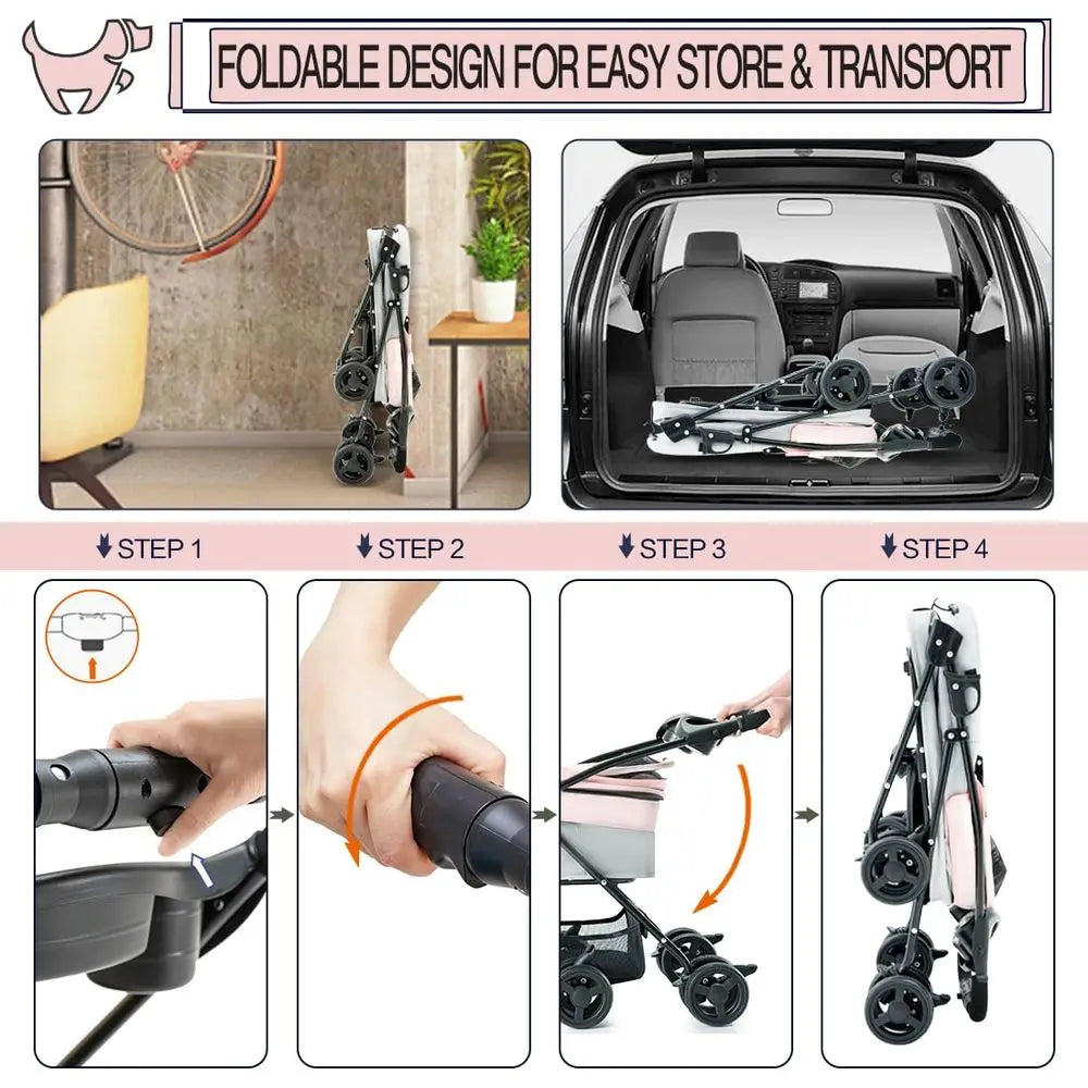 Pet Stroller for Small Dogs and Cats, Folding Lightweight Dog Stroller with Detachable Carrier Portable Cat Puppy Jogging Stroll